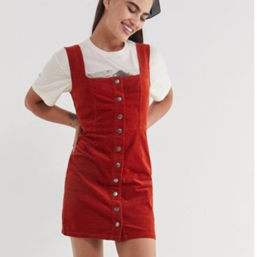 UO BURNT-ORANGE CORDUROY BUTTON UP DRESS